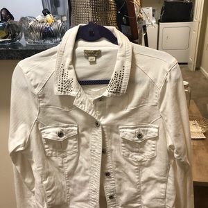 One World white denim jacket with embellishments.